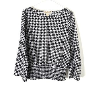 Michael Kors Houndstooth Smocked Waist Blouse Black White Scoop Neck
